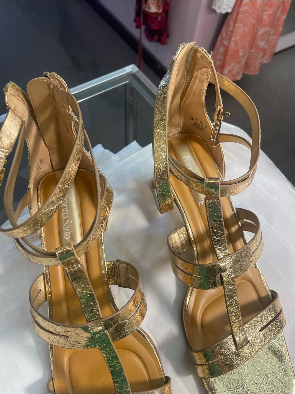 Franco Sarto Gold Metallic Strappy Block Heel Sandals - Picture 4 of 9